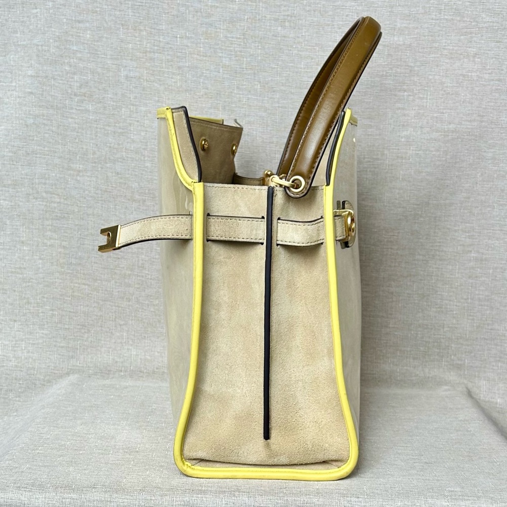 Tory Burch Large Lee Radziwill Beige and Yellow Patent Raincoat Satchel - Picture 9 of 16